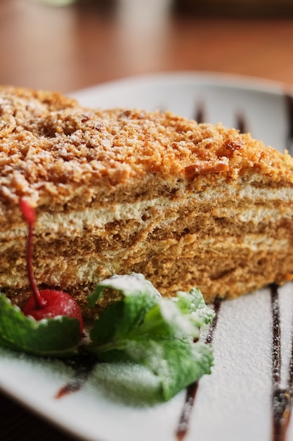 Ein Stück gegossener Honigkuchen mit Schokoladenbelag auf einer Platte, Seitenansicht, Satz.