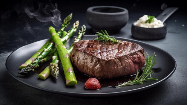 Foto ein stück gegrilltes steak mit spargeln