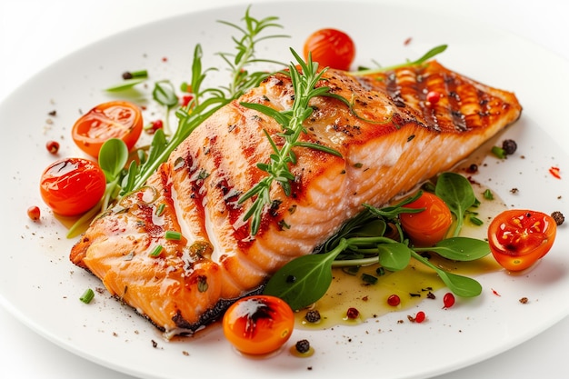 Foto ein stück gerösteter lachs mit tomaten und kräutern auf einem weißen teller