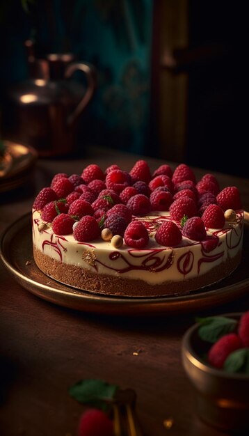 Ein Stück Himbeerkäsekuchen mit Himbeeren darauf