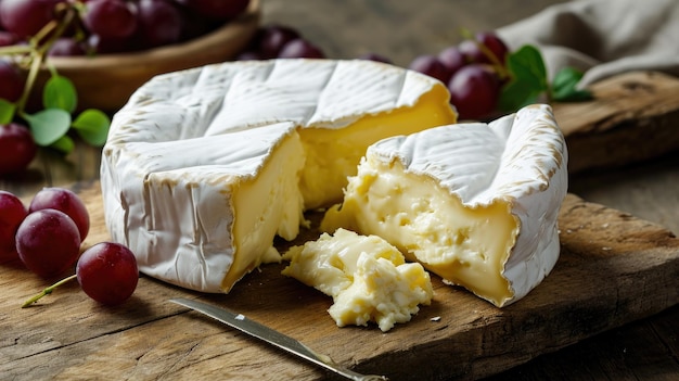 Ein Stück Käse auf dem Schneidbrett mit Trauben Ein köstlicher Snack