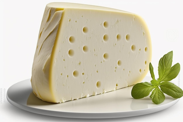 Ein Stück Käse mit einem Zweig Basilikum darauf. isoliert auf weißem Hintergrund Illustrationsbilder