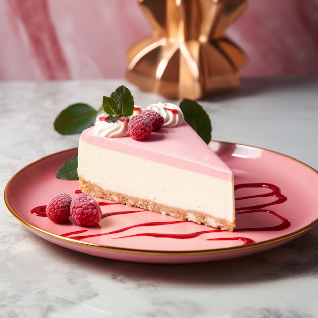 Ein Stück Käsekuchen mit Himbeeren auf dem Tisch