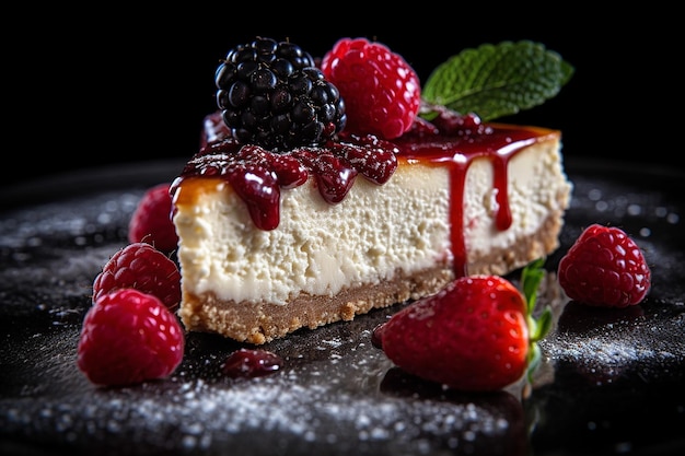 Ein Stück Käsekuchen mit Himbeeren auf schwarzem Hintergrund