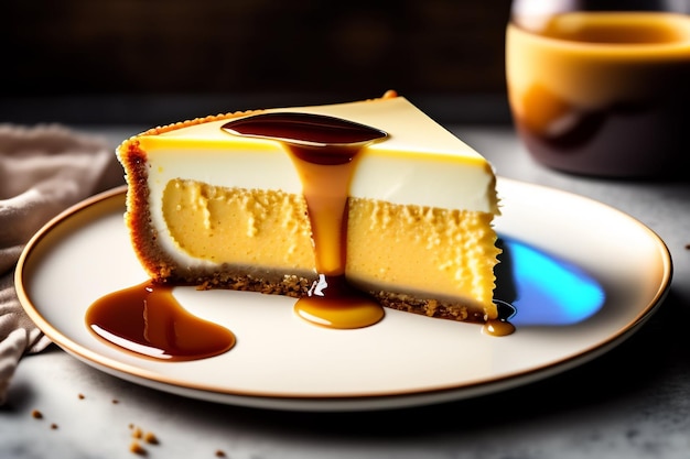 Ein Stück Käsekuchen mit Karamellsauce darüber | Premium Foto