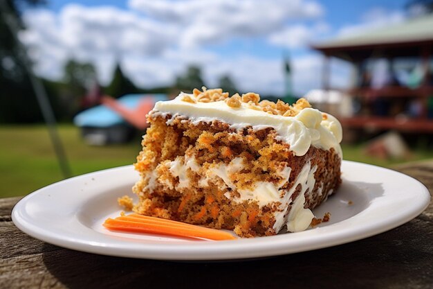 Ein Stück Karottenkuchen, das bei einer Versammlung in einer Kirchengemeinschaft geteilt wird