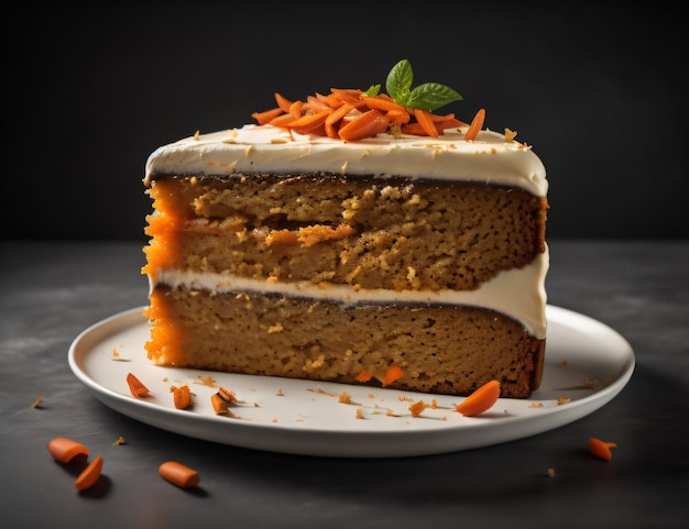 Ein Stück Karottenkuchen mit Frischkäse-Zuckerguss und einem Blatt Minze obendrauf mit generativer Luft