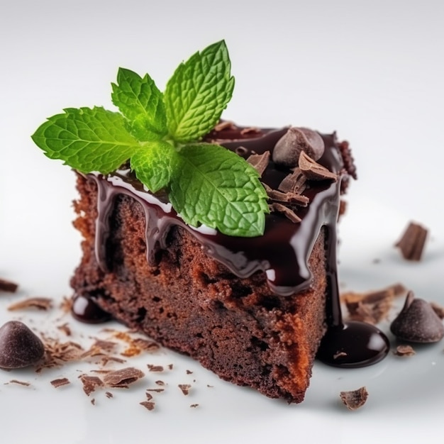 Ein Stück köstlicher Schokoladenkuchen mit Minze im weißen Hintergrund aus nächster Nähe
