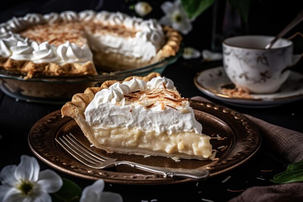 Ein Stück Kokoscremetorte mit einer Tasse Kaffee an der Seite.