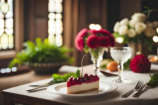 Ein Stück Kuchen auf einem Teller mit einem Blumenstrauß im Hintergrund.