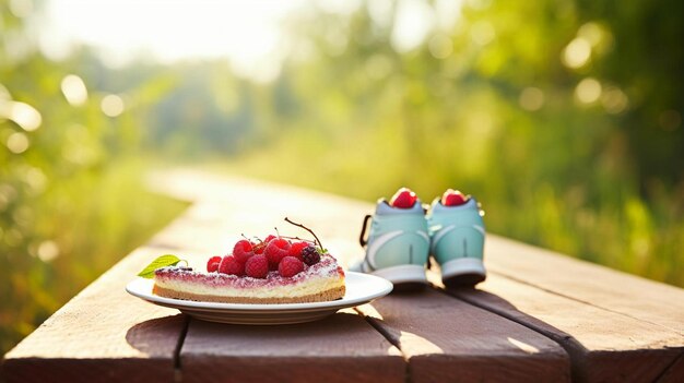 Foto ein stück kuchen auf einem teller neben einem paar schuhe