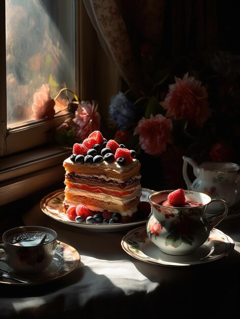 Ein Stück Kuchen mit Beeren darauf liegt auf einem Tisch neben einer Tasse Tee.