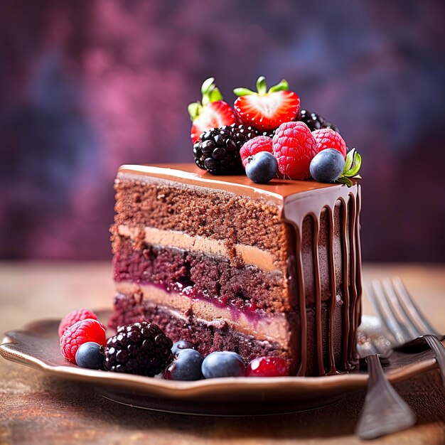 Ein Stück Kuchen mit Beeren darauf