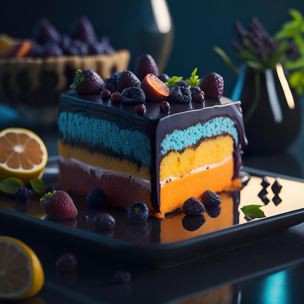 Ein Stück Kuchen mit blauem und rotem Zuckerguss und Brombeeren obendrauf.