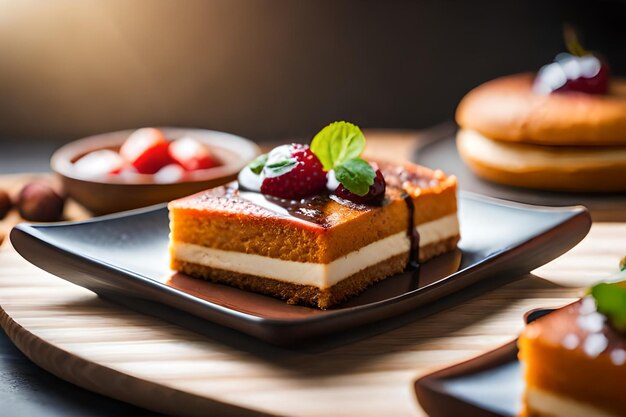 ein Stück Kuchen mit einer Erdbeere und einer Erdbeere darauf