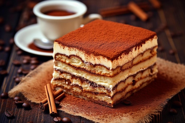 ein Stück Kuchen mit einer Tasse Kaffee im Hintergrund