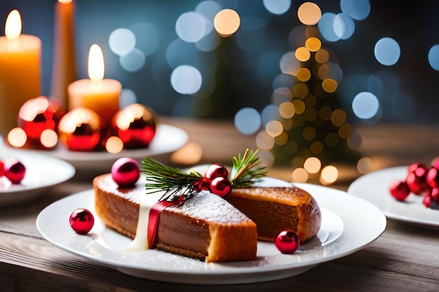 Ein Stück Kuchen mit einer Weihnachtsdekoration oben drauf.