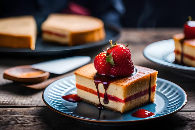 Ein Stück Kuchen mit Erdbeere darauf