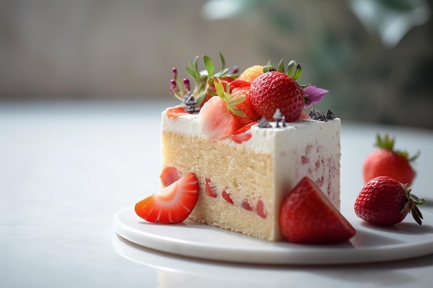 Ein Stück Kuchen mit Erdbeeren obendrauf