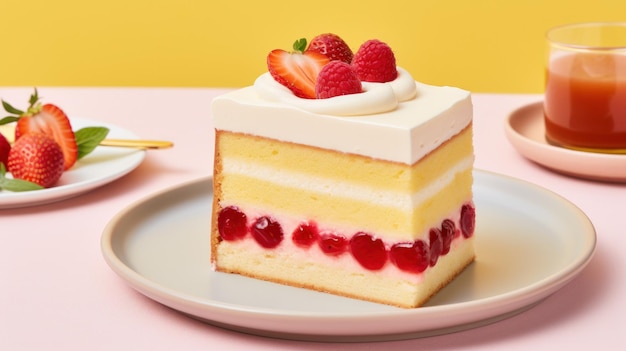 Ein Stück Kuchen mit Erdbeeren und Sahne obendrauf