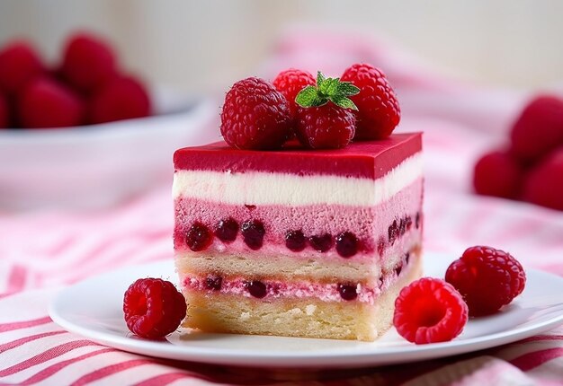 ein Stück Kuchen mit Himbeeren und Himbeeren darauf