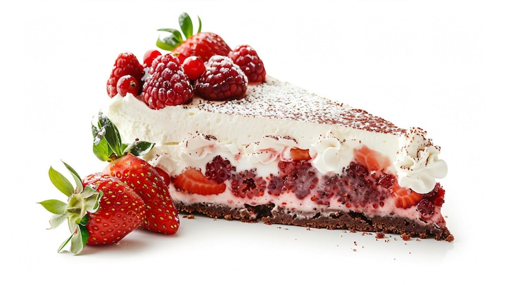 Foto ein stück kuchen mit himbeeren und weißem zuckerpulver