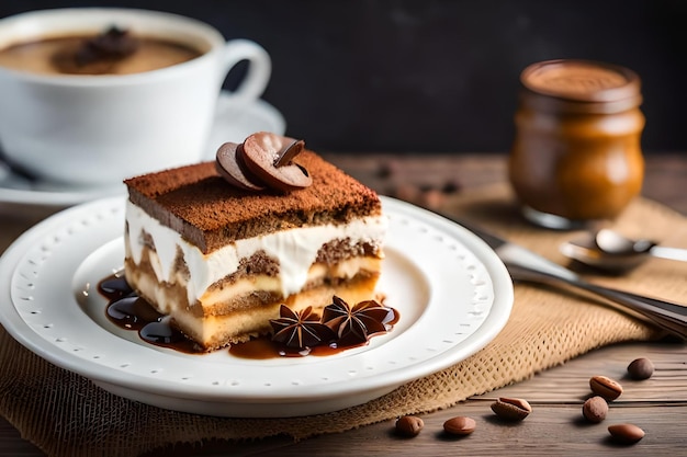 Ein Stück Kuchen mit Schokolade und Kaffee auf einem Teller.