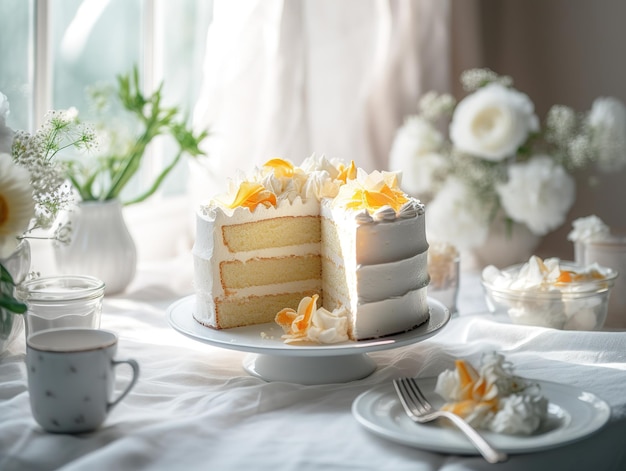 Ein Stück Kuchen mit weißem Zuckerguss und eine Tasse Kaffee auf einem Tisch.