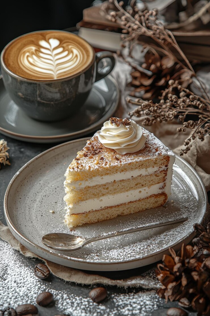 Ein Stück Kuchen und eine Tasse Kaffee Selektiver Fokus