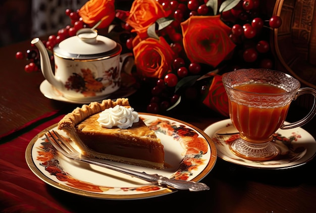 ein Stück Kürbiskuchen auf einem Teller mit einer Tasse Kaffee im Stil einer extravaganten Tischdekoration