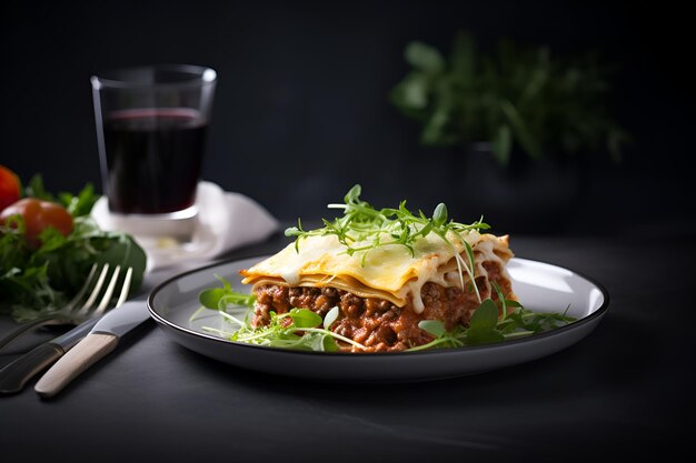 Ein Stück leckere heiße Lasagne, serviert auf einem Teller. Italienische Küche, Rezept für hausgemachte Fleischlasagne