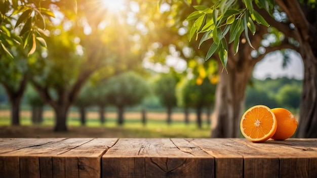 Foto ein stück orangen liegt auf einem holztisch in der sonne