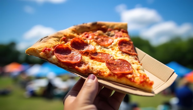 Ein Stück Pizza, das vor der Kamera vor einem blauen Himmel und einem verschwommenen Hintergrund gehalten wird