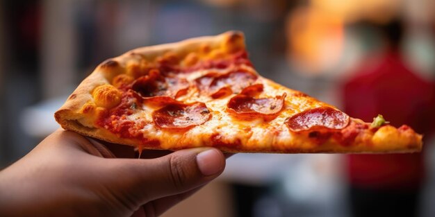 Ein Stück Pizza in Nahaufnahme in der Hand auf dem Hintergrund der Stadt generative ai