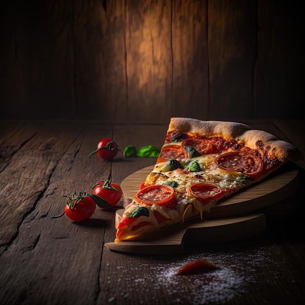 Ein Stück Pizza mit Tomaten und Basilikum auf einem Holzbrett.