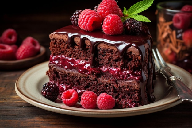 Ein Stück roter Samtkuchen mit einem dekorativen Schokoladenfan