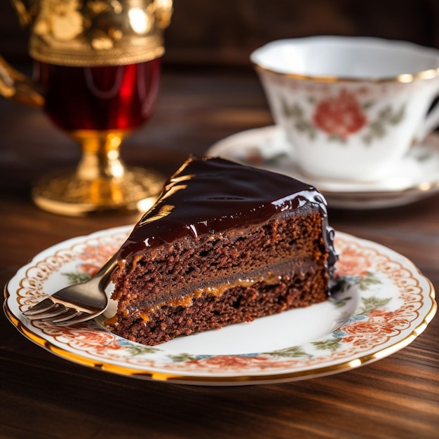 Ein Stück Sachertorte ruht auf einer Untertasse über einem antiken Holztisch