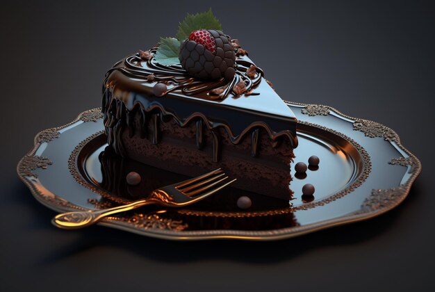Ein Stück Schokoladenkuchen auf einem Teller mit Besteck generativer ai