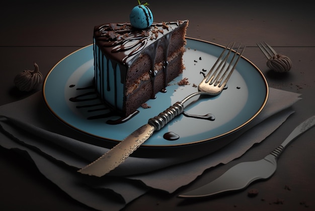 Ein Stück Schokoladenkuchen auf einem Teller mit Besteck generativer ai