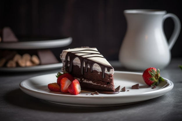 Ein Stück Schokoladenkuchen mit Erdbeeren als Beilage