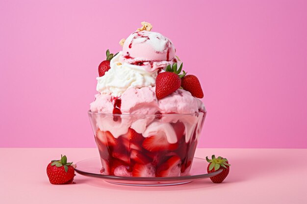 Ein Stück Schokoladenkuchen mit Erdbeeren und Eis