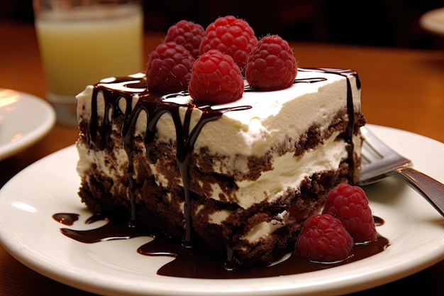 Ein Stück Schokoladenkuchen mit Himbeeren darauf