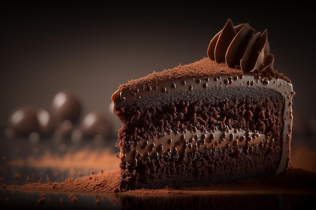 Ein Stück Schokoladenkuchen mit Schokoladenglasur darauf