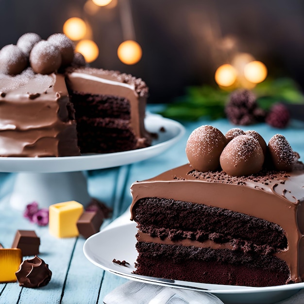 Ein Stück Schokoladenkuchen mit Schokoladenglasur und einem Schokoladenkuchen darauf.