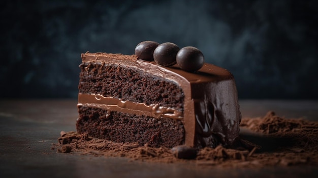 Ein Stück Schokoladenkuchen mit Schokoladenglasur und Schokoladenkugeln obendrauf.