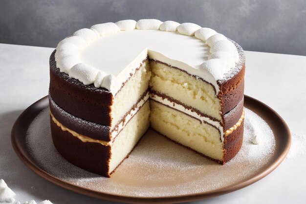 Ein Stück Schokoladenkuchen mit weißem Zuckerguss und Schokoladenglasur.