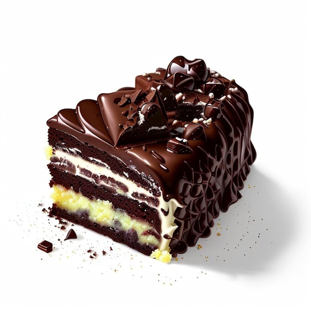 ein Stück Schokoladenkuchen mit weißem Zuckerguss und Schokoladenstreuseln oben drauf