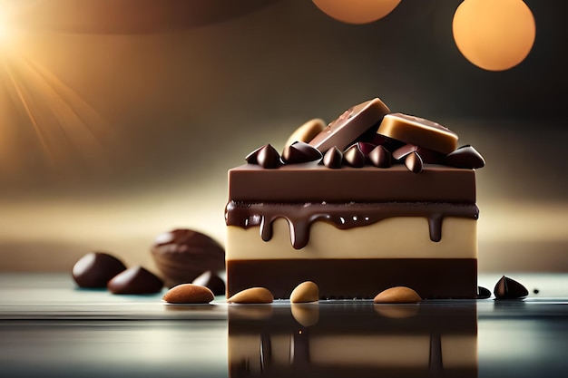 Ein Stück Schokoriegel mit Erdnussbutter und Schokolade obendrauf