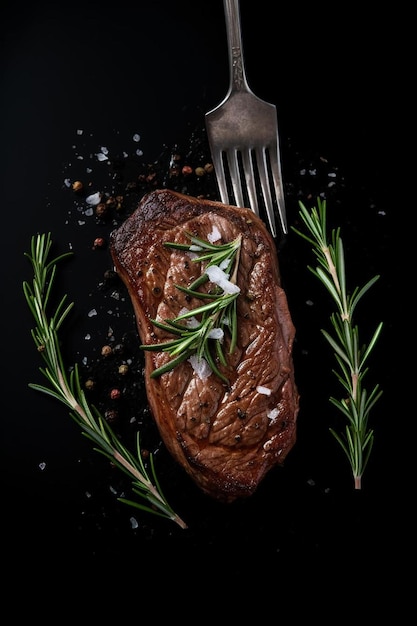 Foto ein stück steak auf einem schwarzen teller mit einer gabel