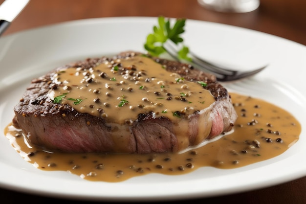 Ein Stück Steak in Soße auf einem weißen Teller mit generativer KI